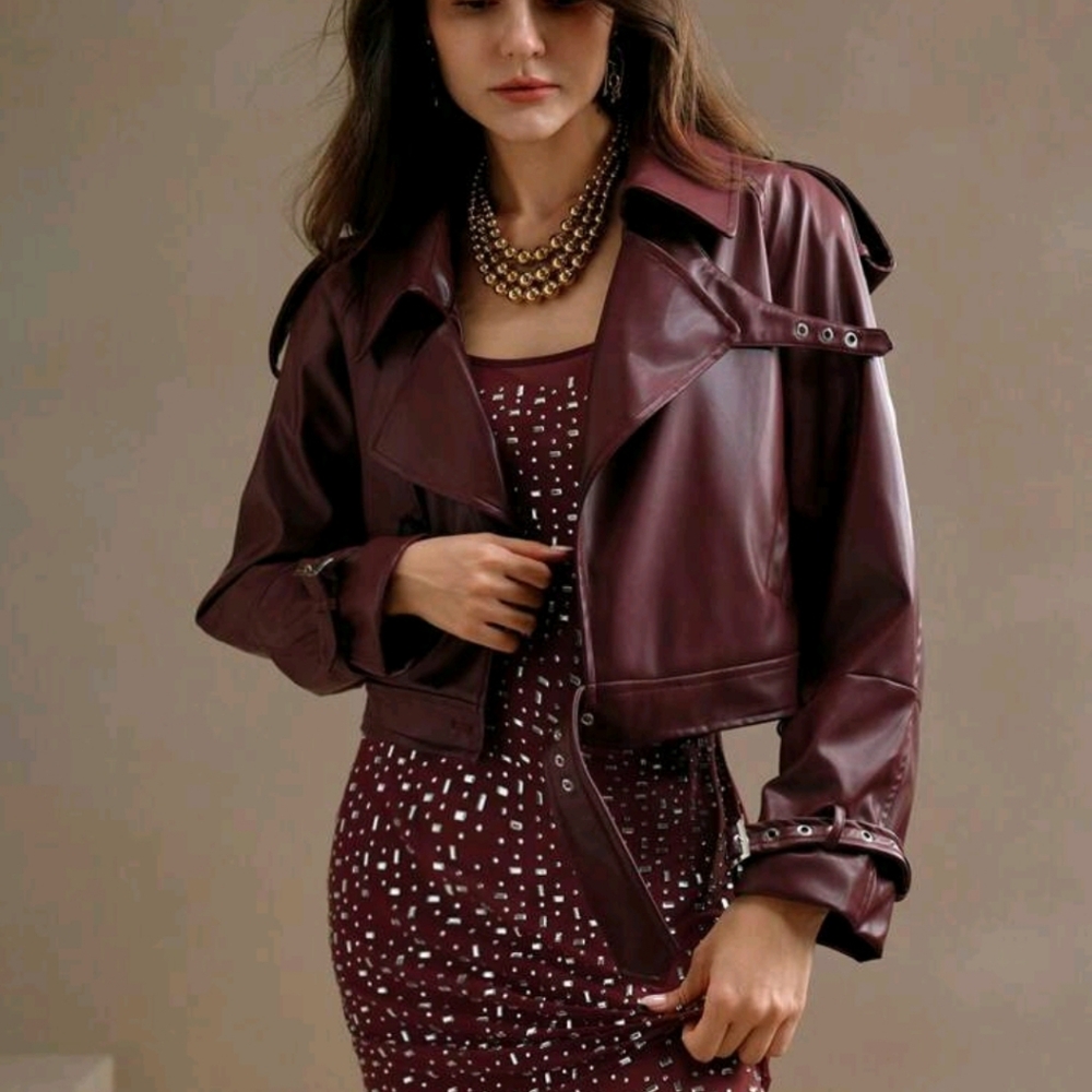 Elegant Women Long Sleeve Leather Jacket - Picture 6 of 11